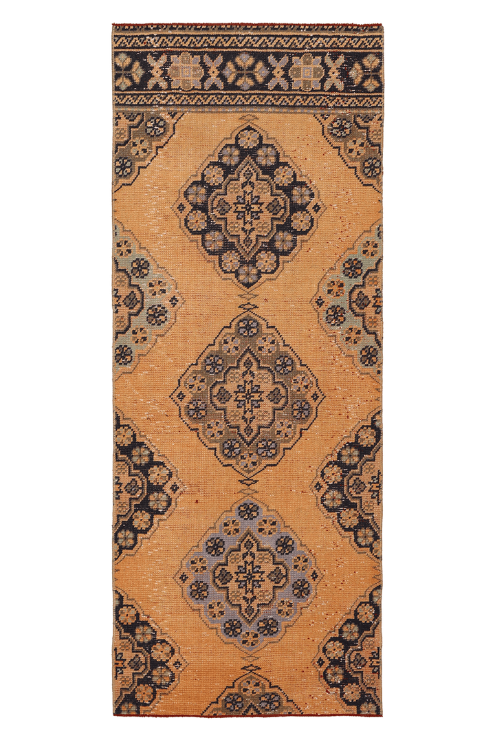 Vintage Konya Turkish Runner Rug 2x7 ft — Orange & Brown Geometric