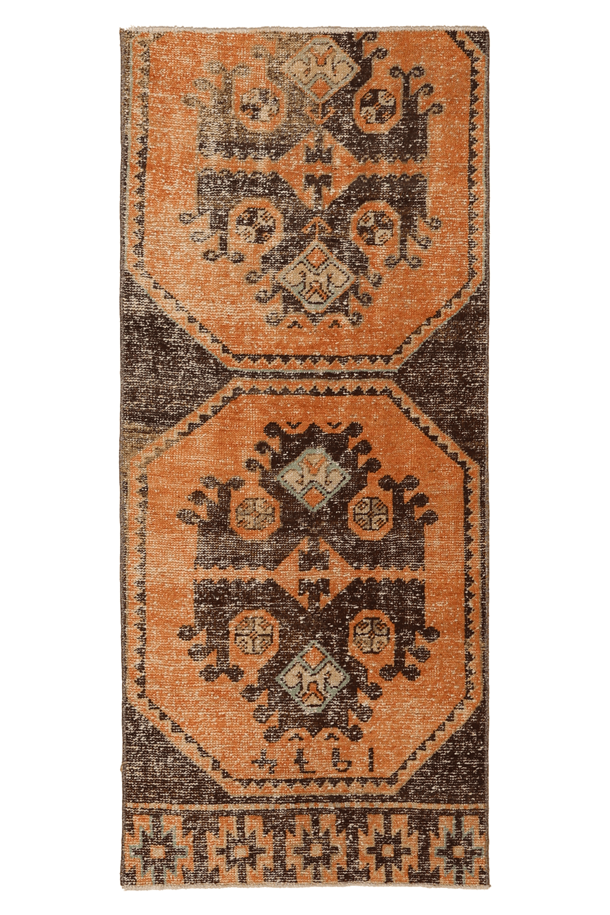 Vintage Malatya Turkish Runner Rug 2x5 ft — Orange & Brown Geometric