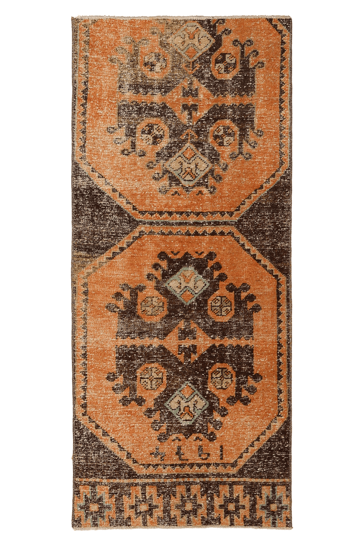 Vintage Malatya Turkish Runner Rug 2x5 ft — Orange & Brown Geometric