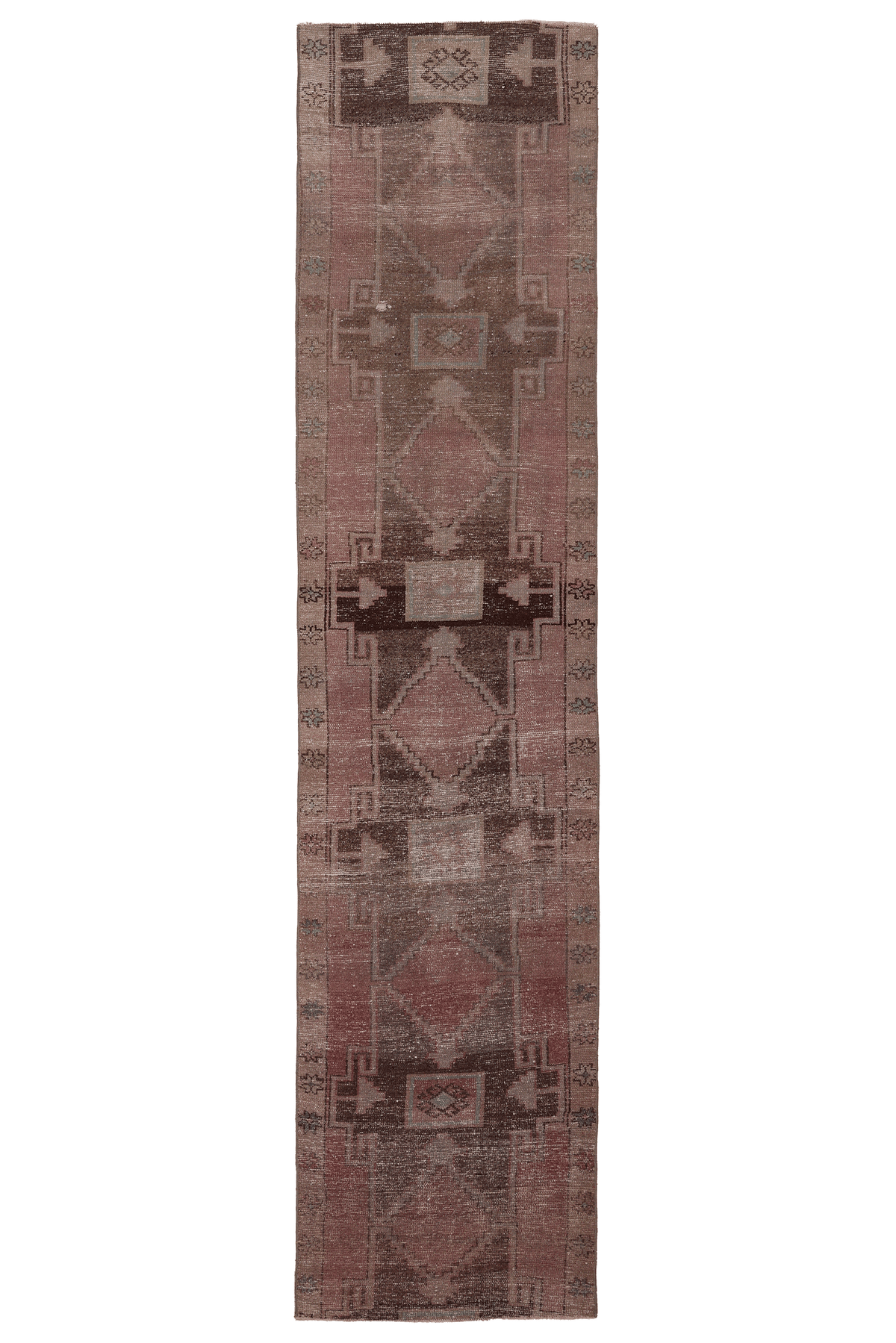 Vintage Malatya Turkish Runner Rug 2x12 ft — Brown & Pink Geometric