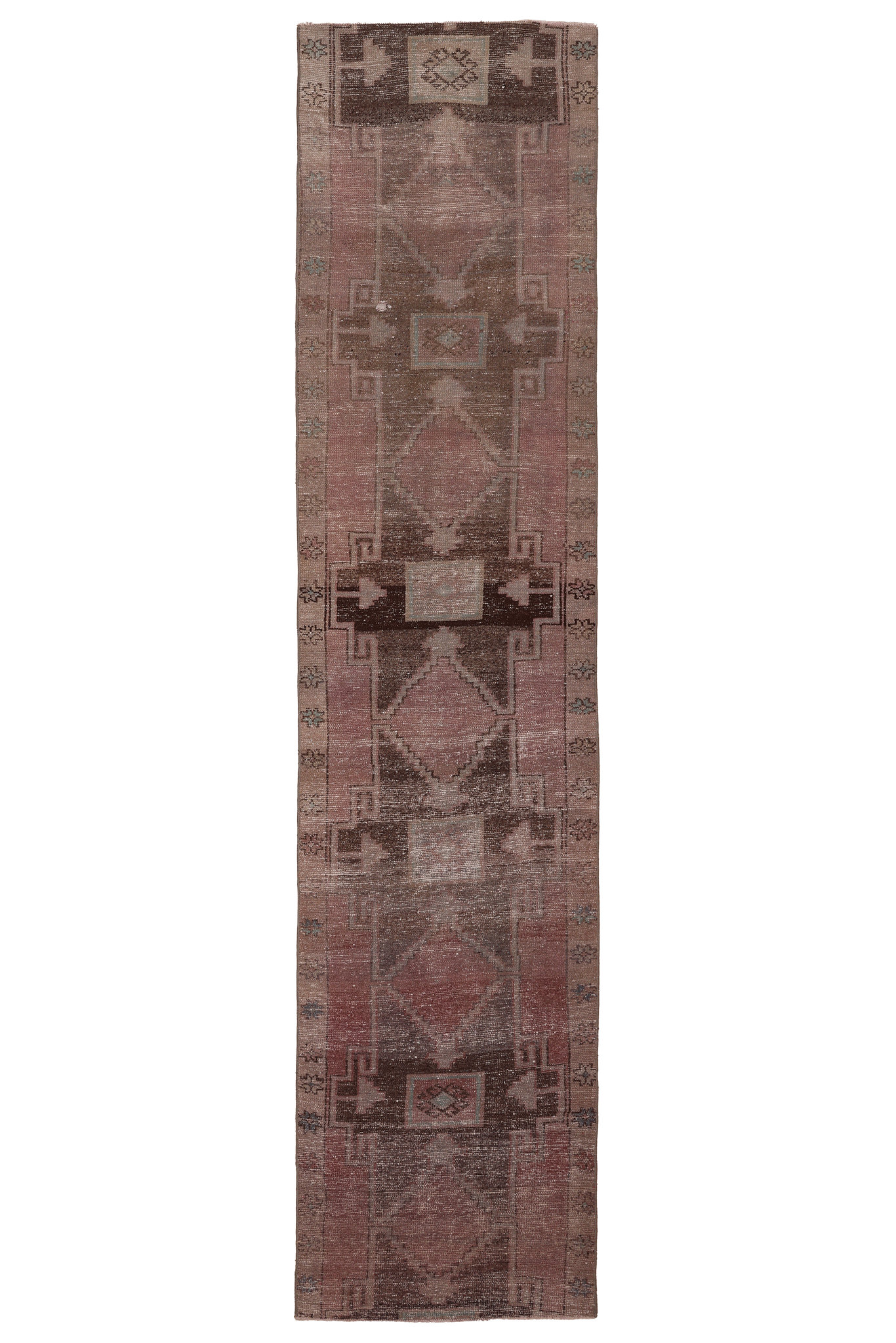 Vintage Malatya Turkish Runner Rug 2x12 ft — Brown & Pink Geometric
