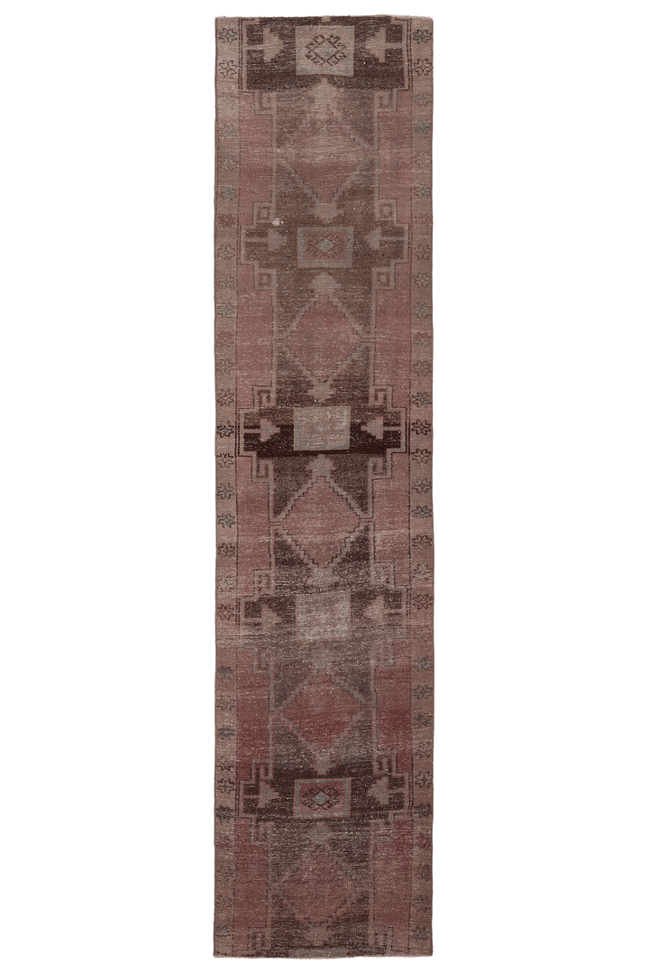 Vintage Malatya Turkish Runner Rug 2x12 ft — Brown & Pink Geometric