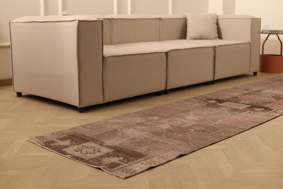 Vintage Malatya Turkish Runner Rug 2x12 ft — Brown & Pink Geometric