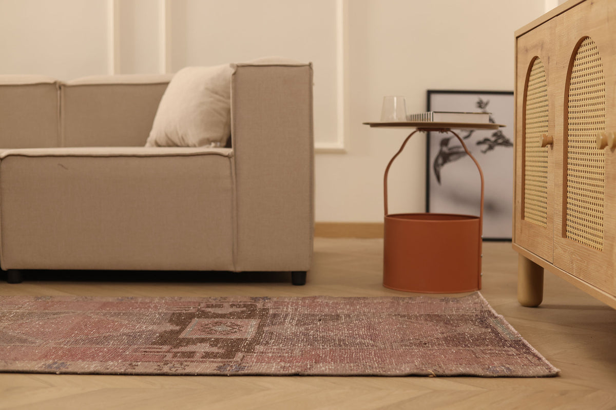 Vintage Malatya Turkish Runner Rug 2x12 ft — Brown & Pink Geometric
