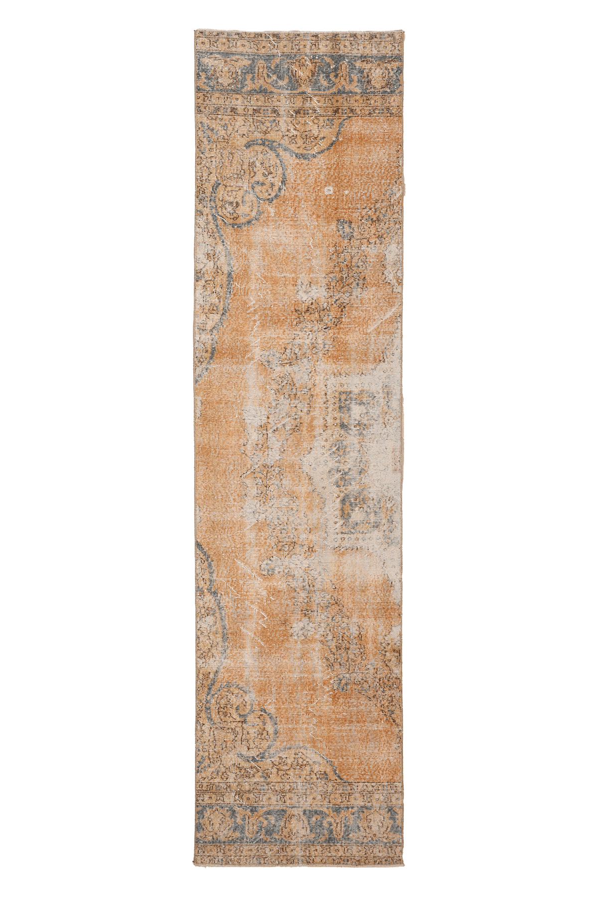 Vintage Isparta Turkish Runner Rug 2x11 ft — Orange & Blue Distressed