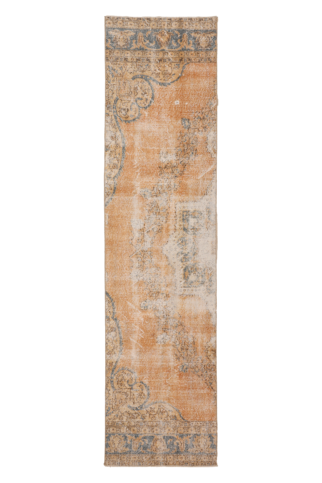 Vintage Isparta Turkish Runner Rug 2x11 ft — Orange & Blue Distressed