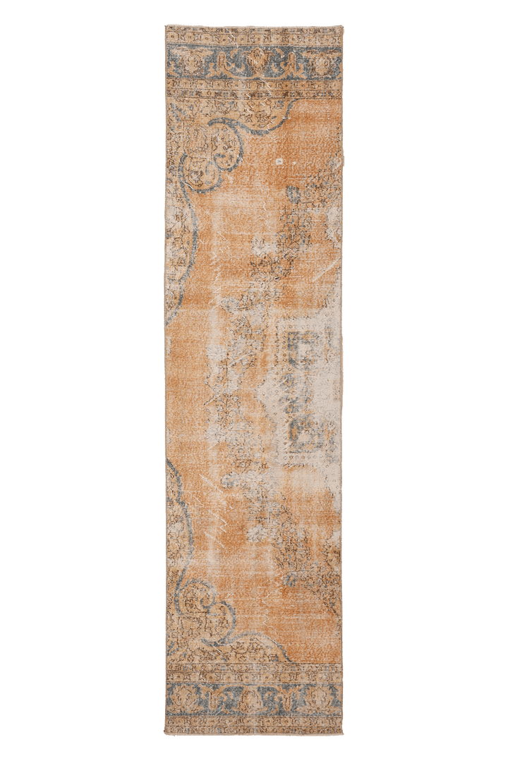 Vintage Isparta Turkish Runner Rug 2x11 ft — Orange & Blue Distressed