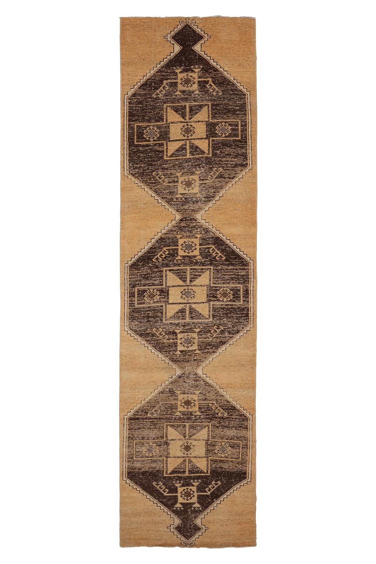 Vintage Malatya Turkish Runner Rug 2x11 ft — Beige & Brown Geometric