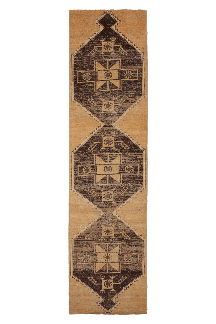Vintage Malatya Turkish Runner Rug 2x11 ft — Beige & Brown Geometric