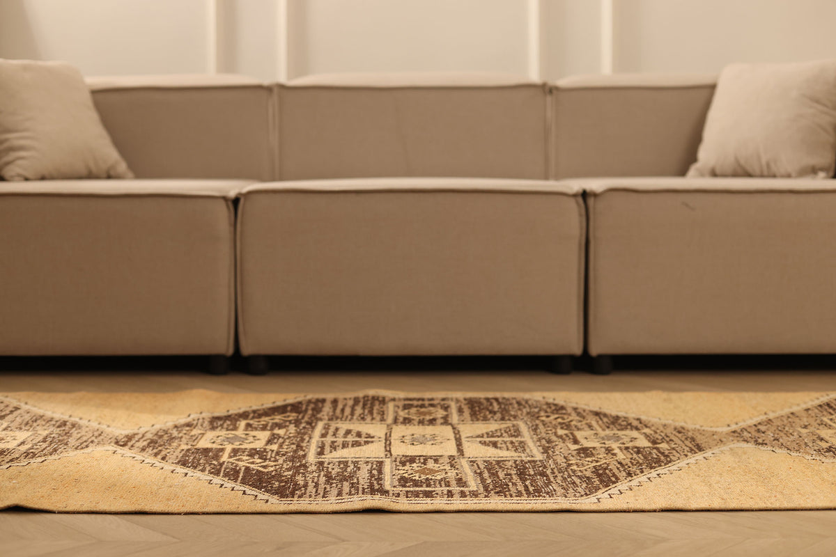 Vintage Malatya Turkish Runner Rug 2x11 ft — Beige & Brown Geometric
