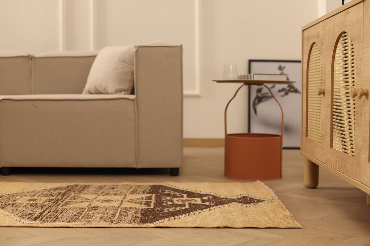 Vintage Malatya Turkish Runner Rug 2x11 ft — Beige & Brown Geometric
