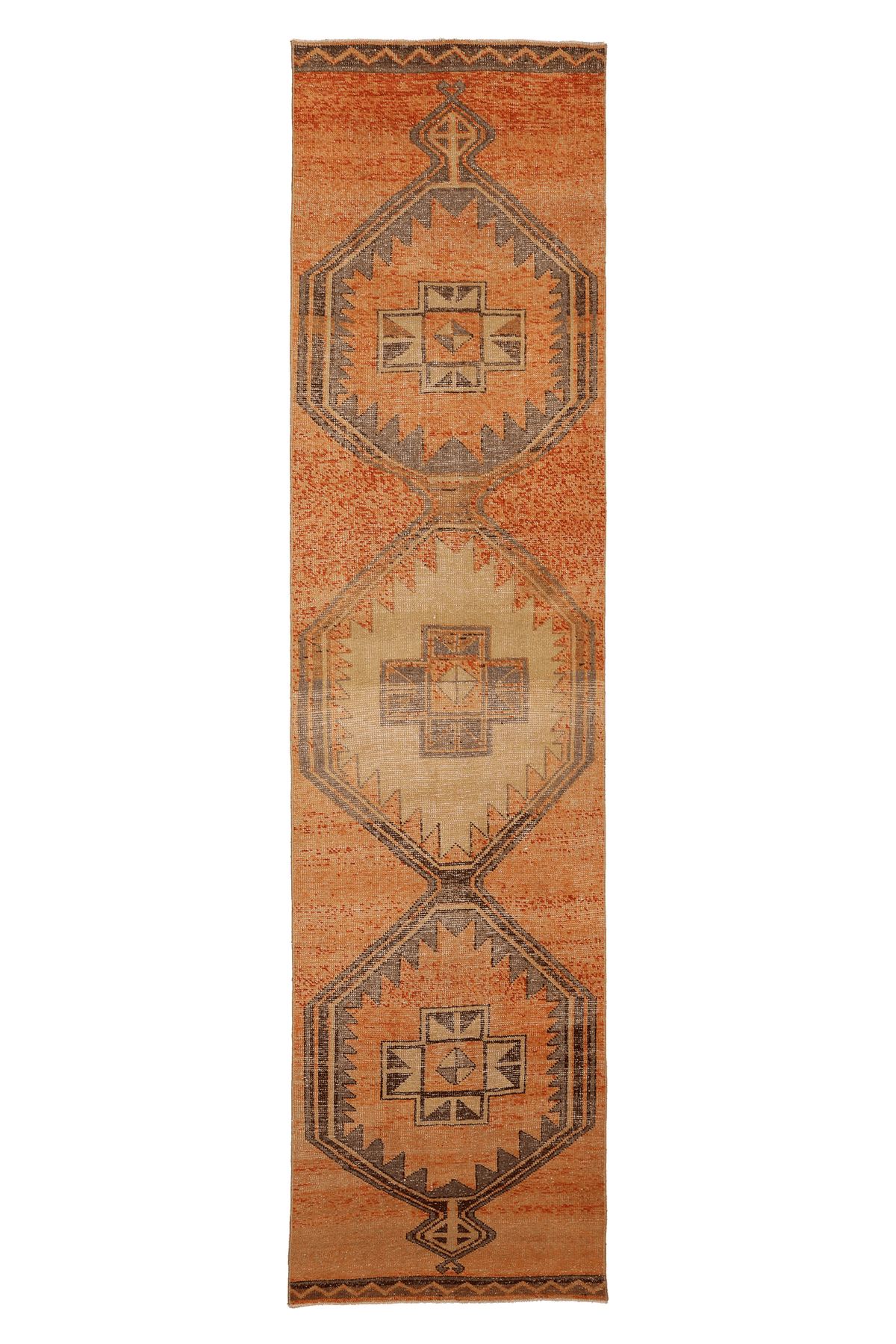 Vintage Malatya Turkish Runner Rug 3x12 ft — Orange & Brown Geometric (No. 24124)