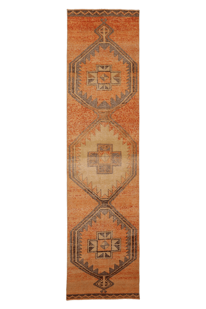 Vintage Malatya Turkish Runner Rug 3x12 ft — Orange & Brown Geometric (No. 24124)