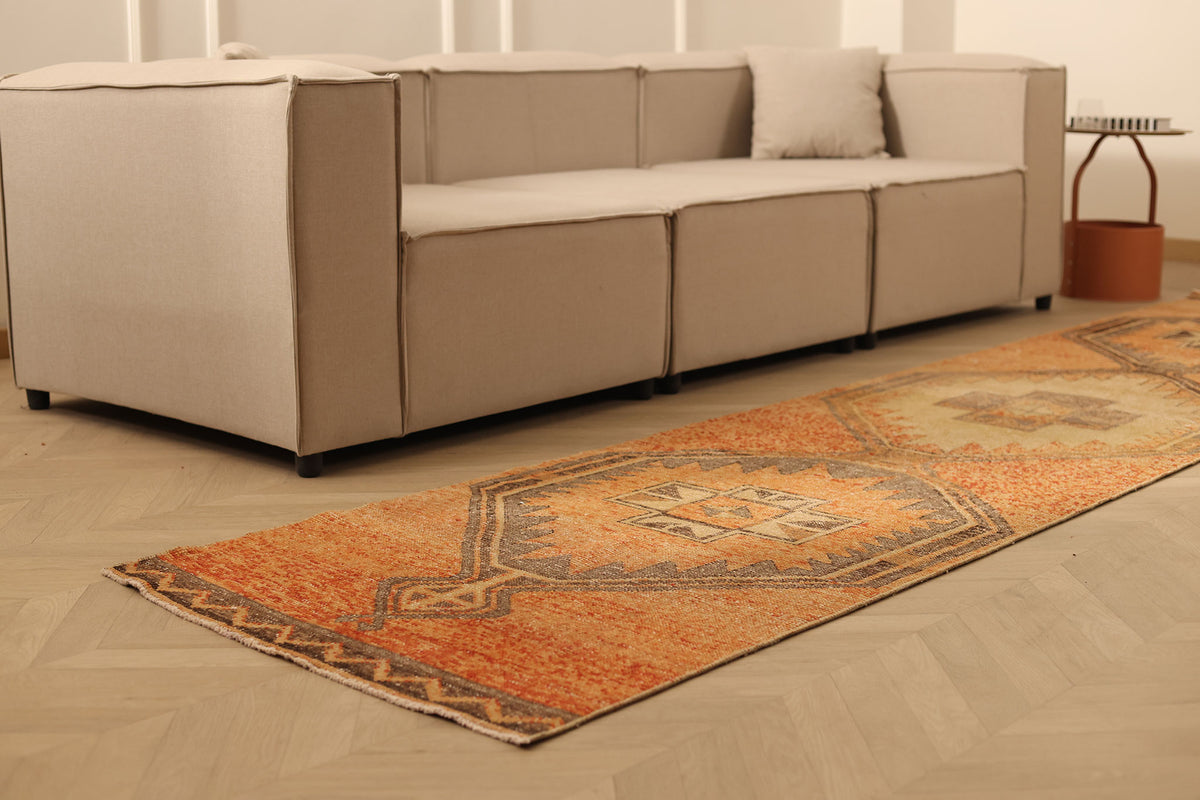Vintage Malatya Turkish Runner Rug 3x12 ft — Orange & Brown Geometric (No. 24124)