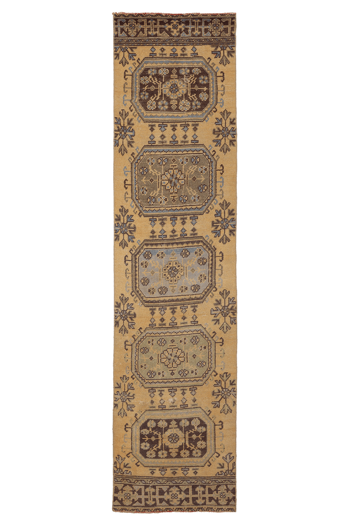 Vintage Konya Turkish Runner Rug 2x10 ft — Beige & Brown Geometric