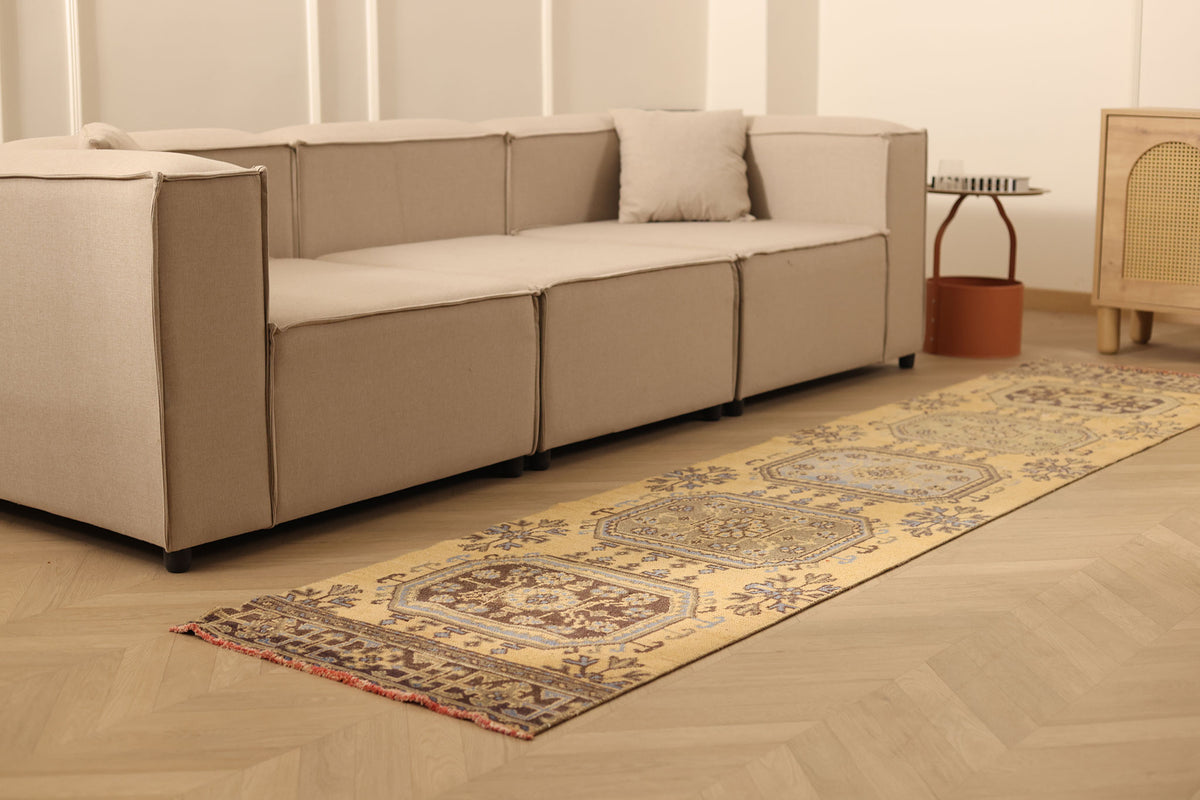 Vintage Konya Turkish Runner Rug 2x10 ft — Beige & Brown Geometric