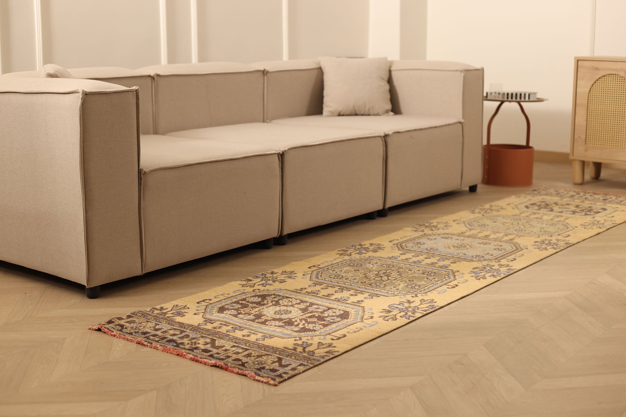 Vintage Konya Turkish Runner Rug 2x10 ft — Beige & Brown Geometric