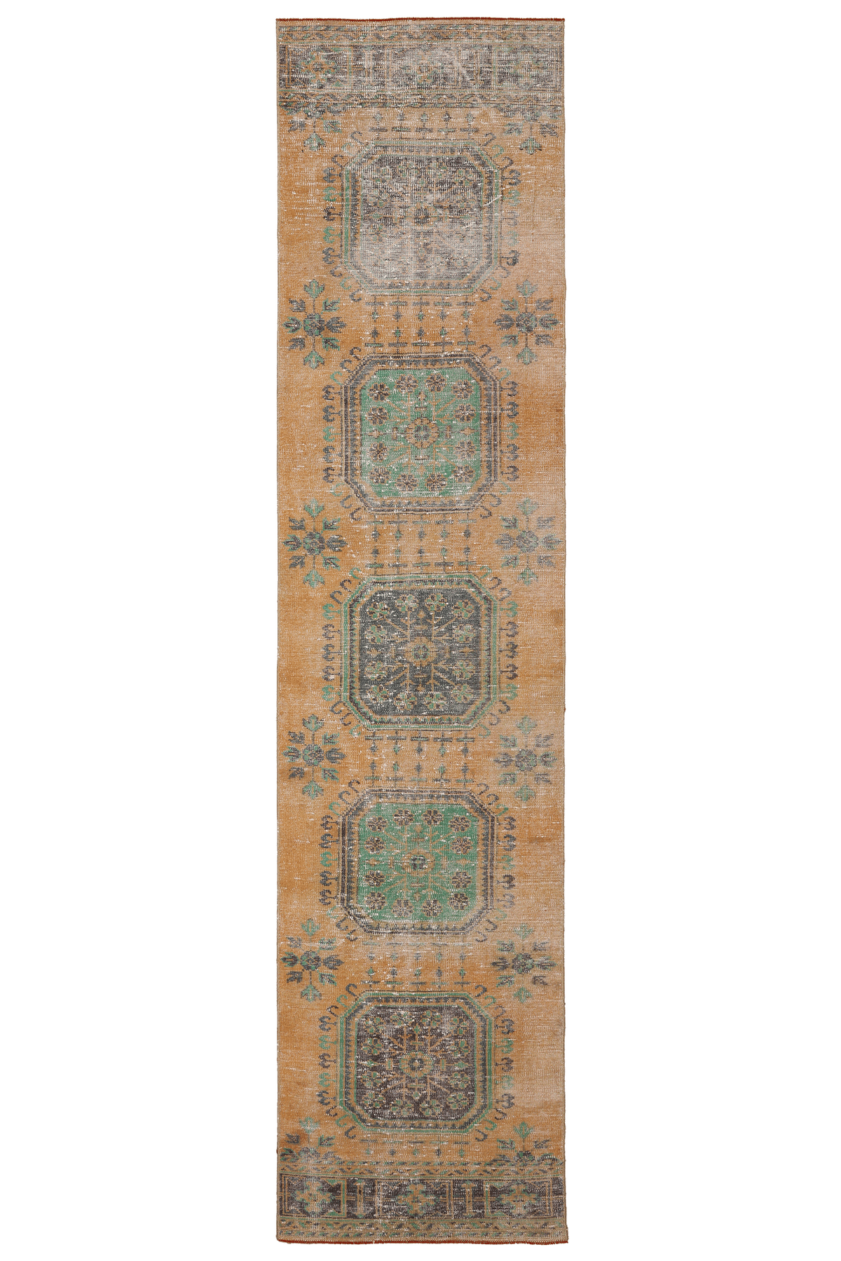 Vintage Konya Turkish Runner Rug 2x11 ft — Orange & Green Geometric