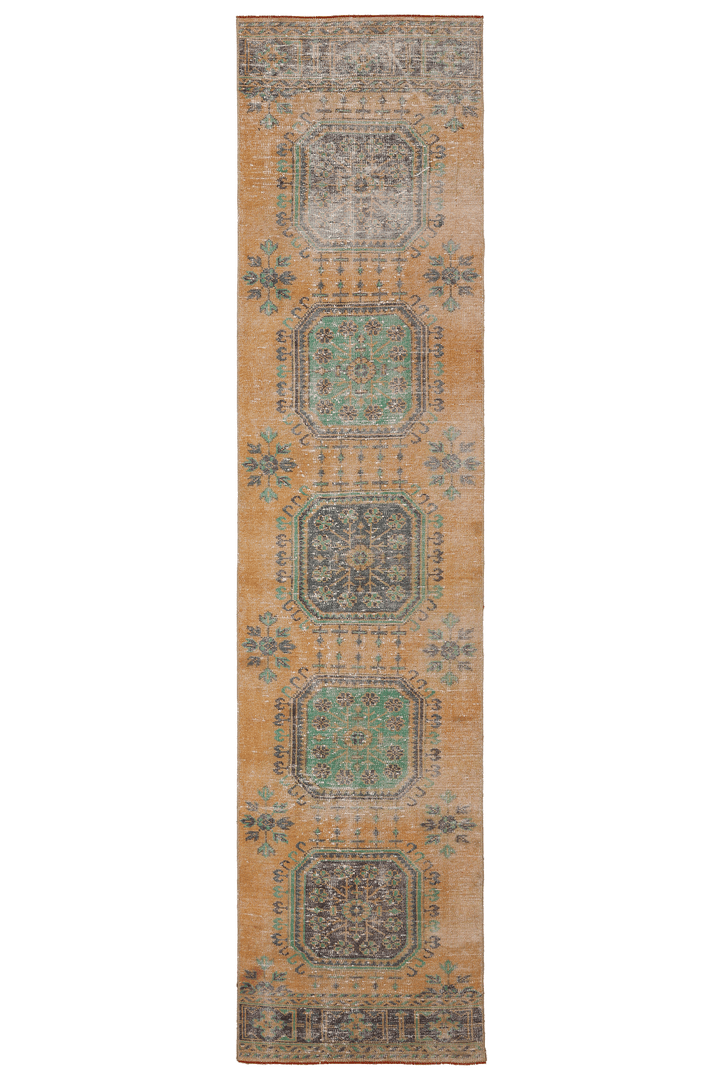Vintage Konya Turkish Runner Rug 2x11 ft — Orange & Green Geometric