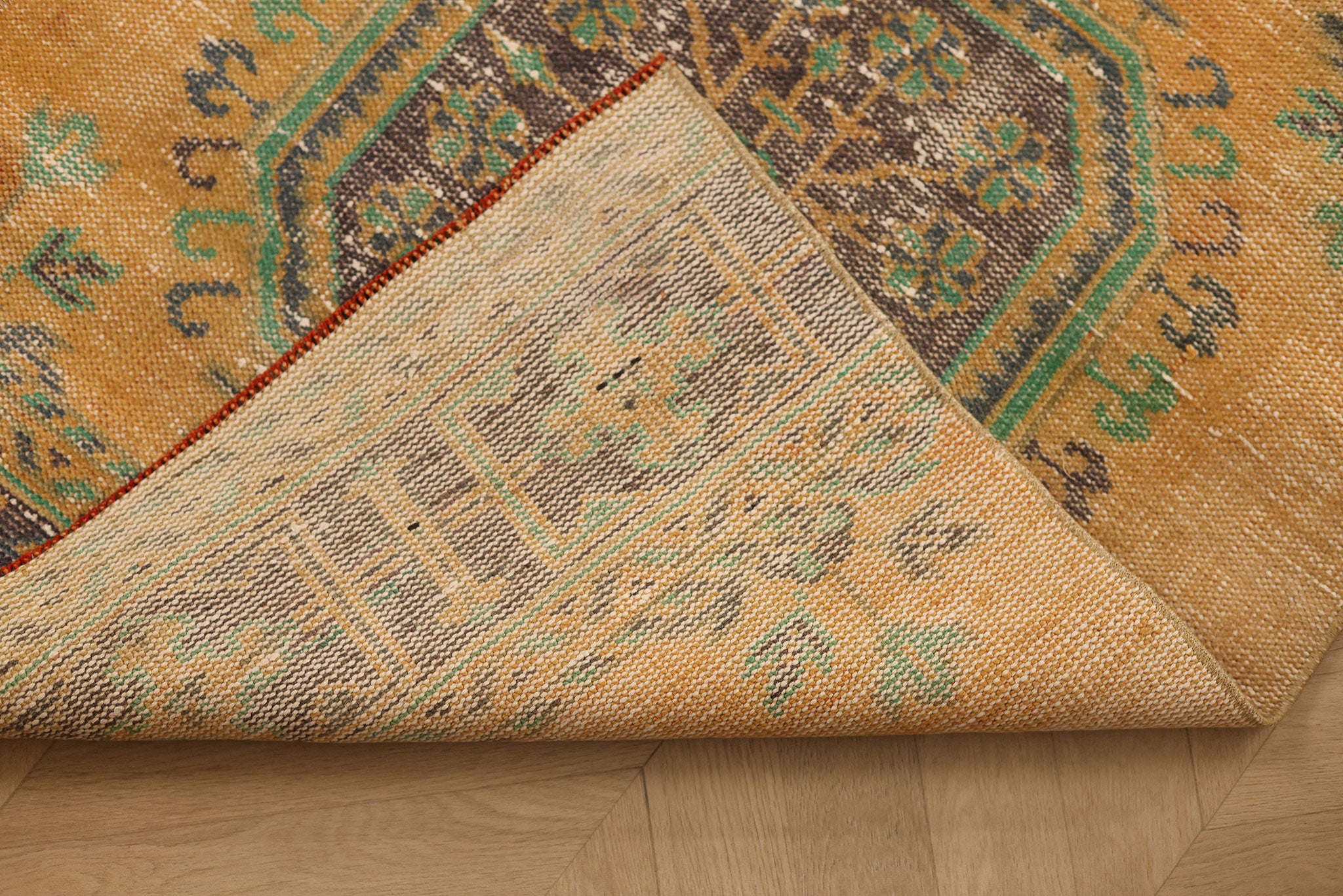 Vintage Konya Turkish Runner Rug 2x11 ft — Orange & Green Geometric