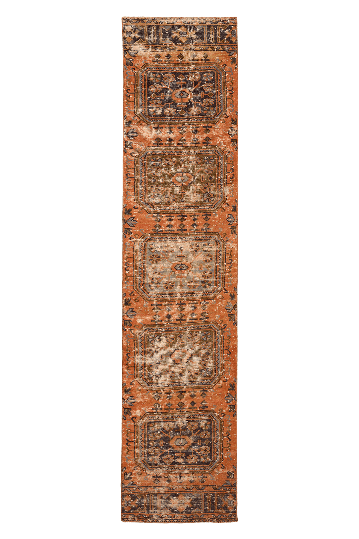 Vintage Konya Turkish Runner Rug 2x11 ft — Orange & Brown Geometric (No. 24139)