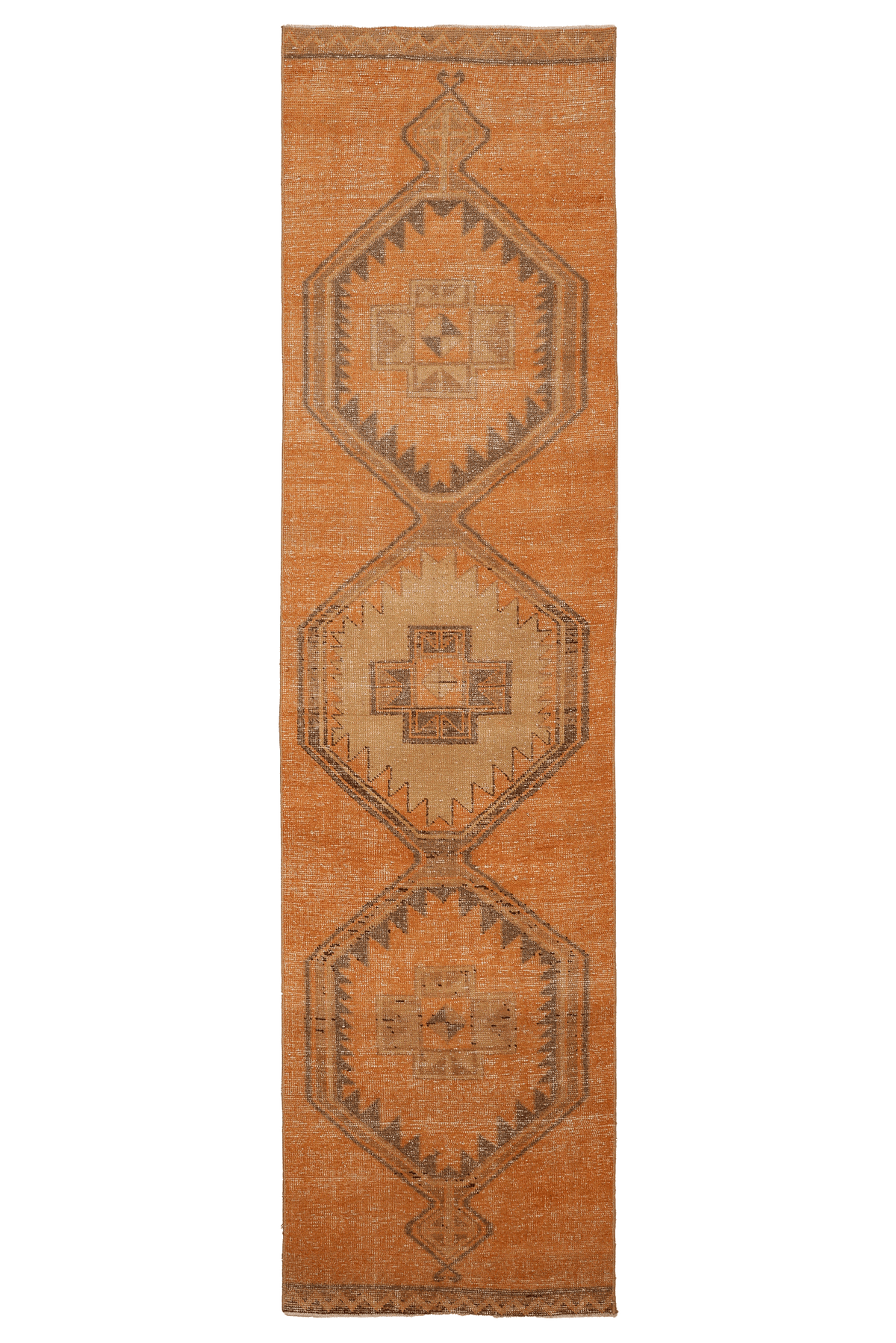 Vintage Malatya Turkish Runner Rug 3x12 ft — Orange & Brown Geometric (No. 24149)