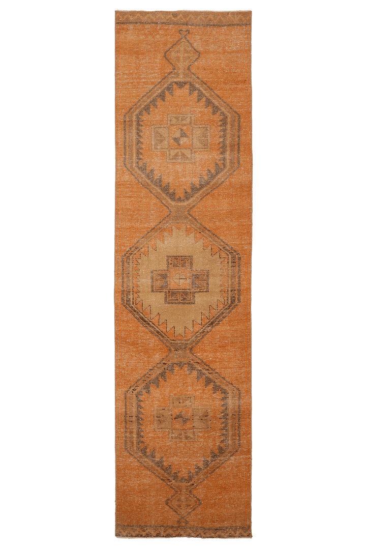 Vintage Malatya Turkish Runner Rug 3x12 ft — Orange & Brown Geometric (No. 24149)