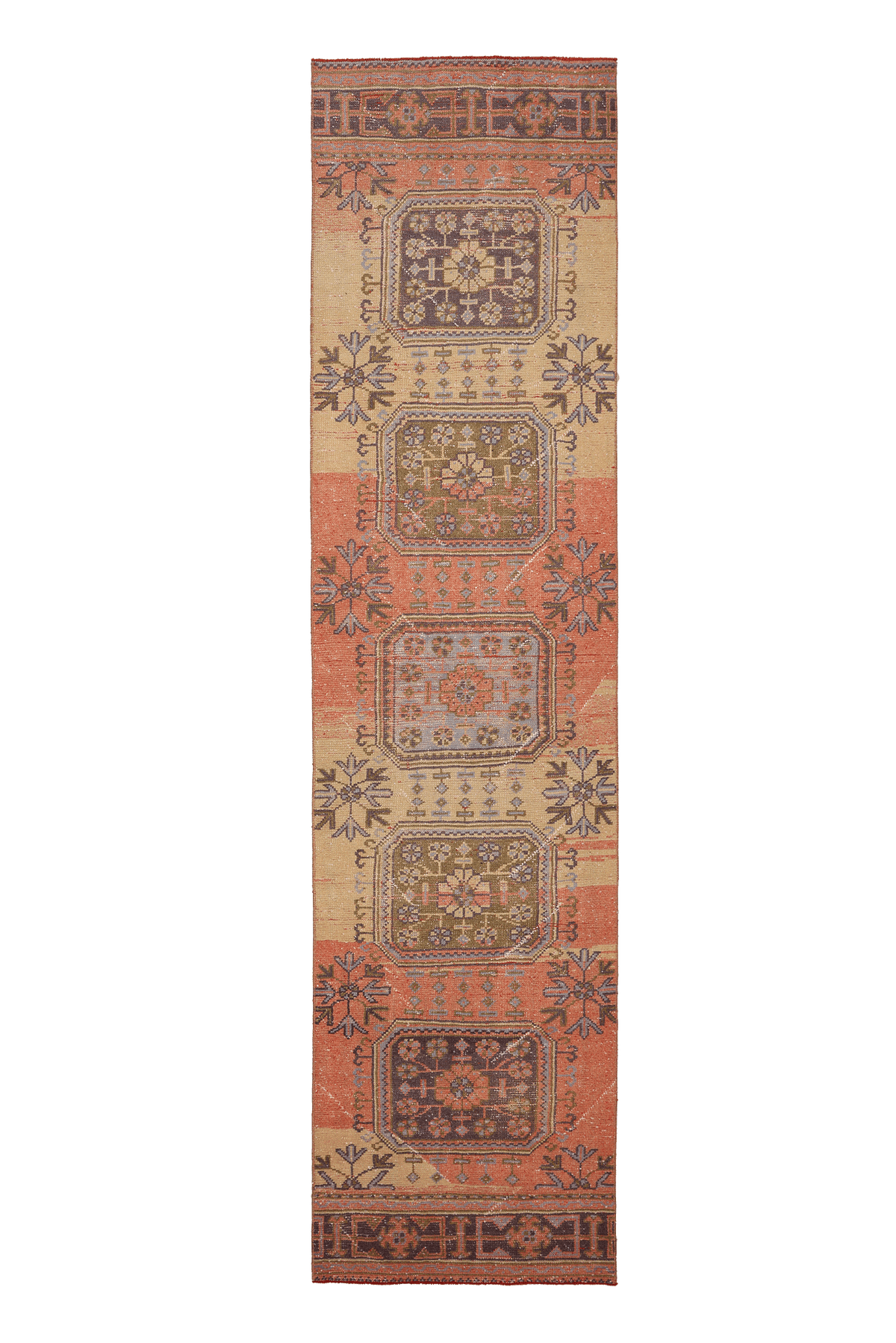 Vintage Konya Turkish Runner Rug 2x11 ft — Orange & Beige Geometric