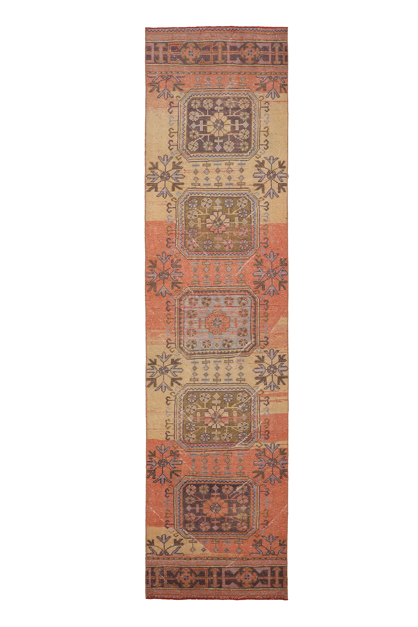 Vintage Konya Turkish Runner Rug 2x11 ft — Orange & Beige Geometric
