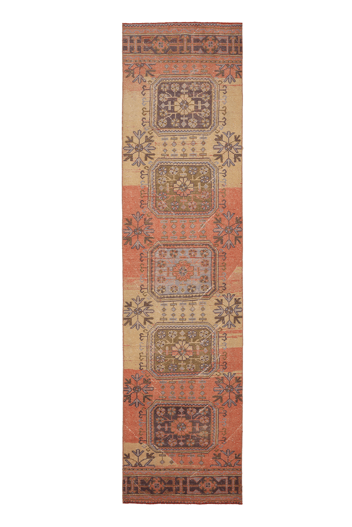 Vintage Konya Turkish Runner Rug 2x11 ft — Orange & Beige Geometric