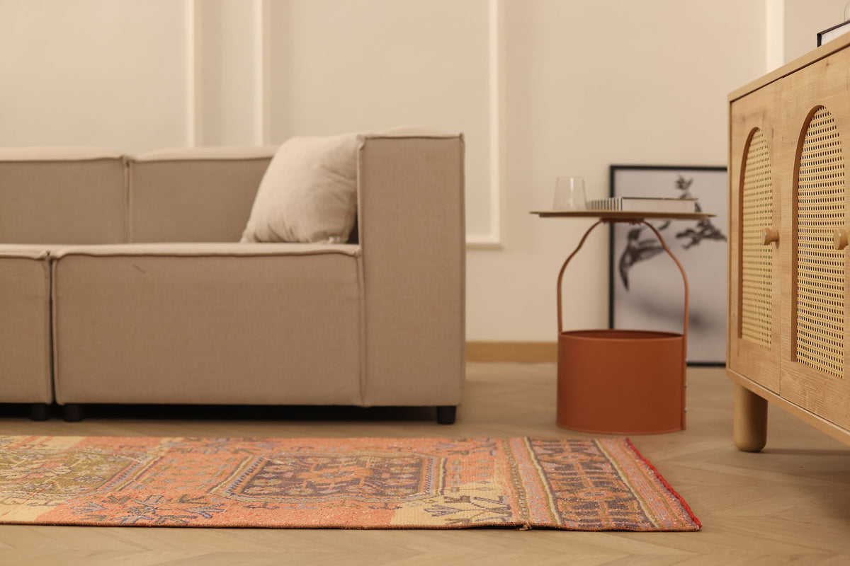 Vintage Konya Turkish Runner Rug 2x11 ft — Orange & Beige Geometric