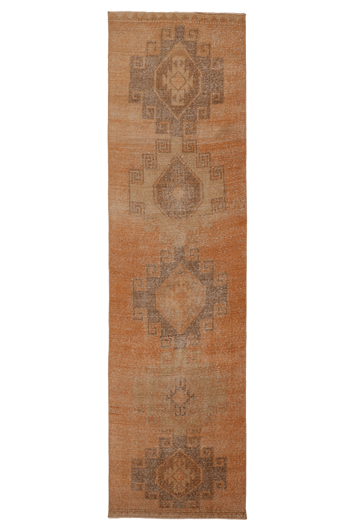 Vintage Malatya Turkish Runner Rug 3x12 ft — Orange & Brown Geometric (No. 24153)