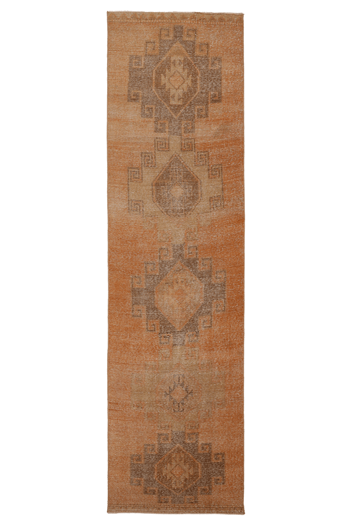 Vintage Malatya Turkish Runner Rug 3x12 ft — Orange & Brown Geometric (No. 24153)