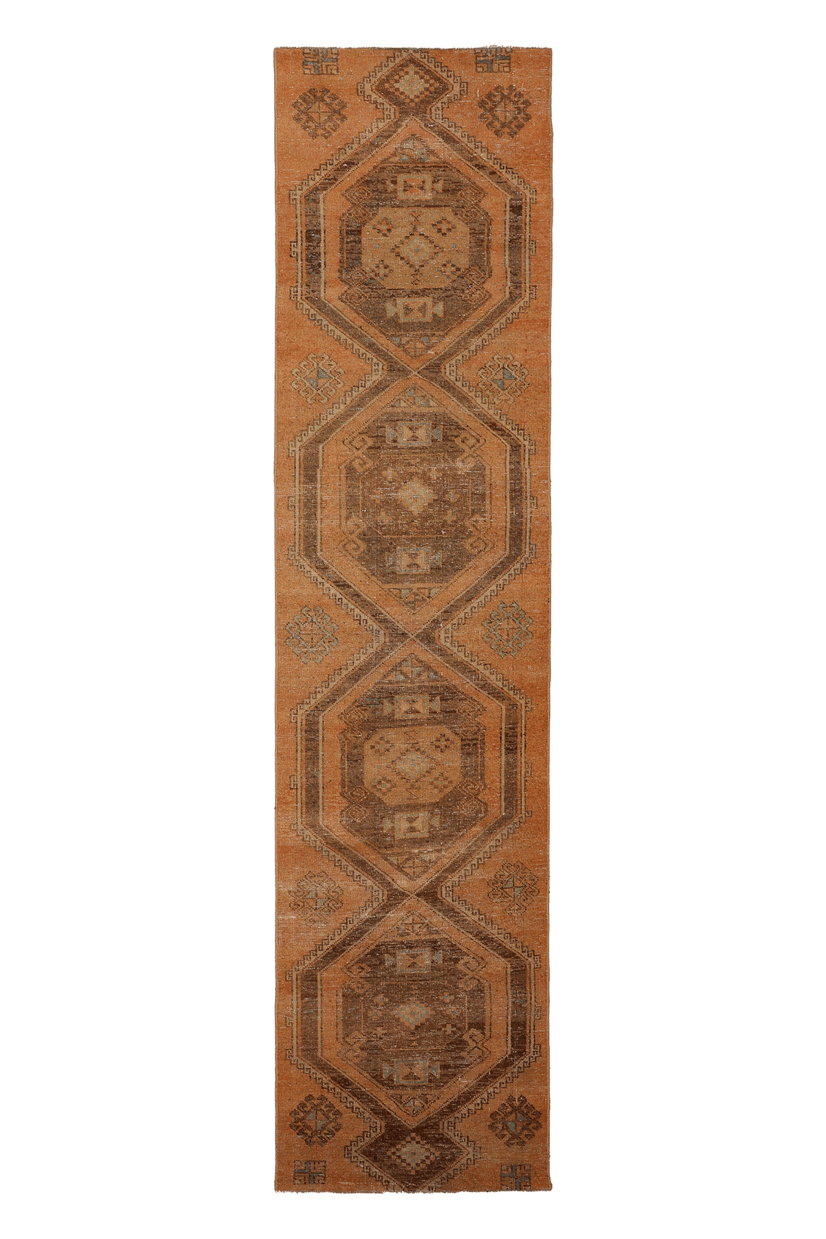 Vintage Malatya Turkish Runner Rug 2x11 ft — Orange & Brown Geometric (No. 24161)