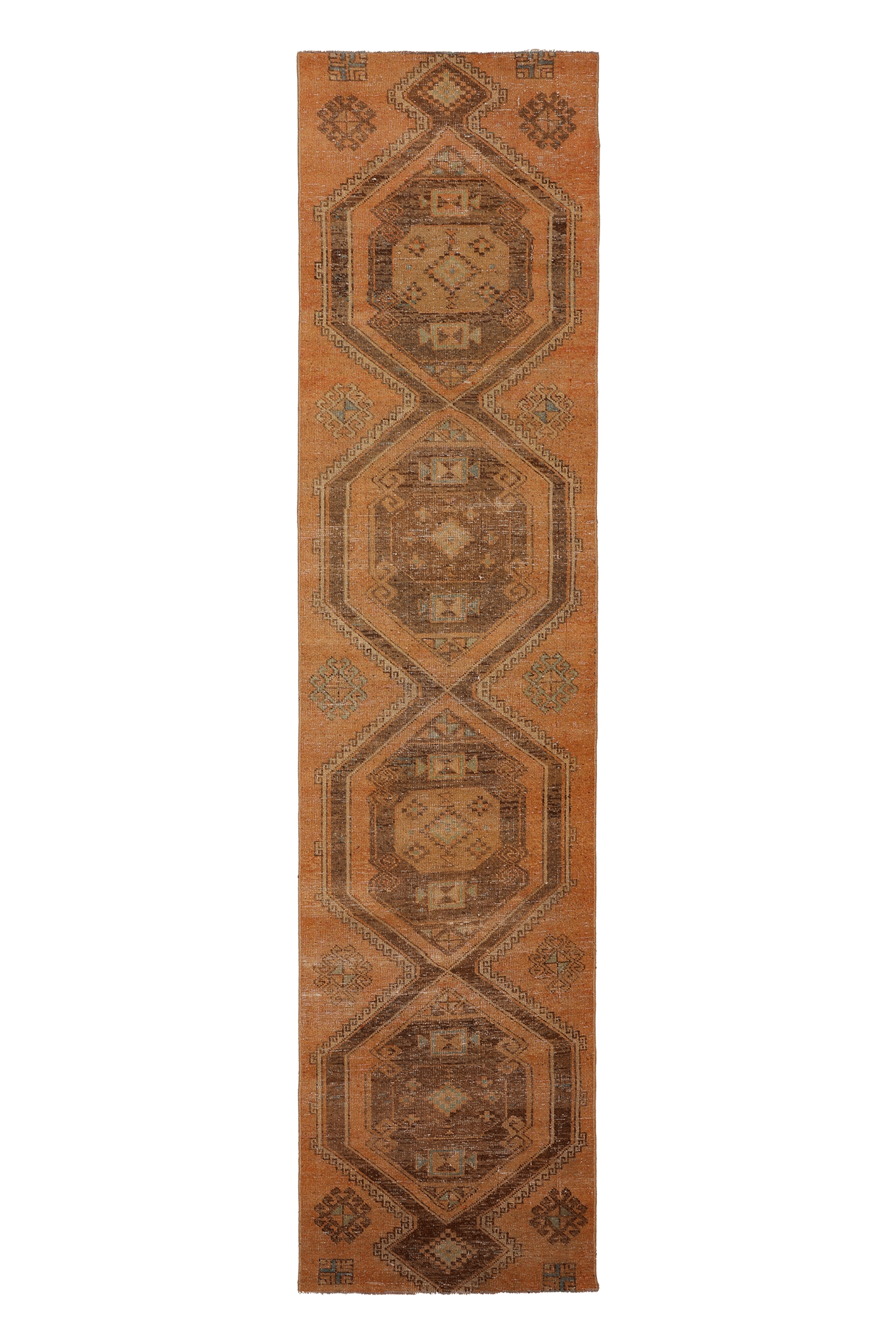 Vintage Malatya Turkish Runner Rug 2x11 ft — Orange & Brown Geometric (No. 24161)