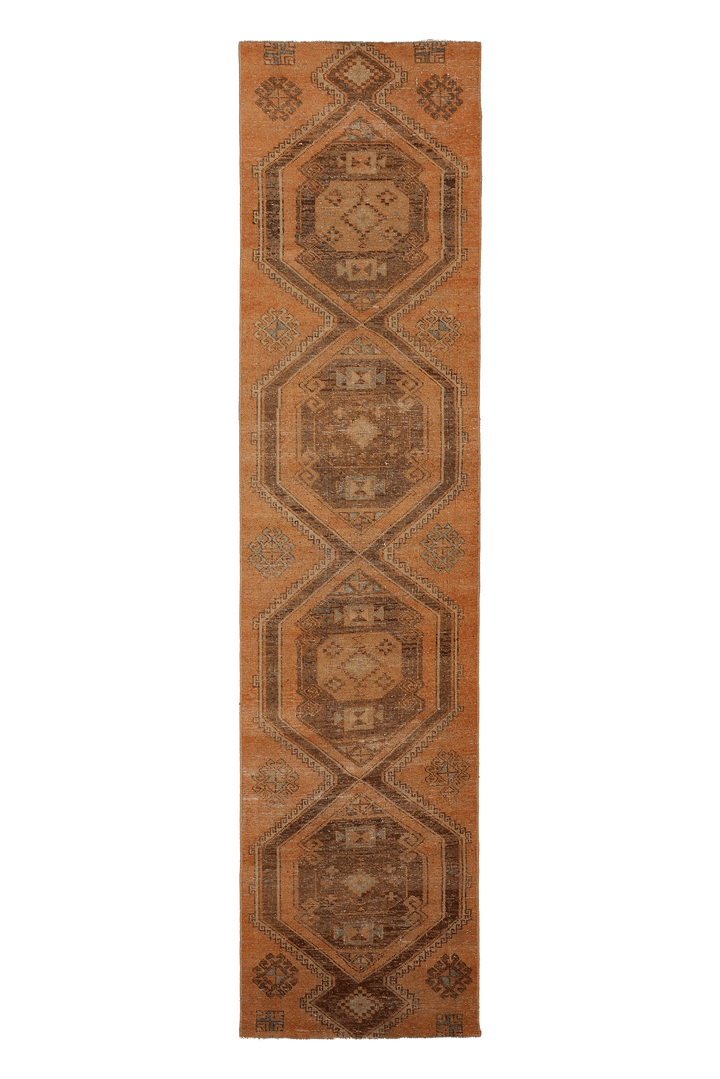 Vintage Malatya Turkish Runner Rug 2x11 ft — Orange & Brown Geometric (No. 24161)