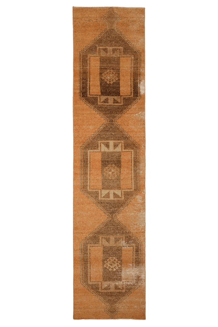 Vintage Malatya Turkish Runner Rug 2x12 ft — Orange & Brown Geometric