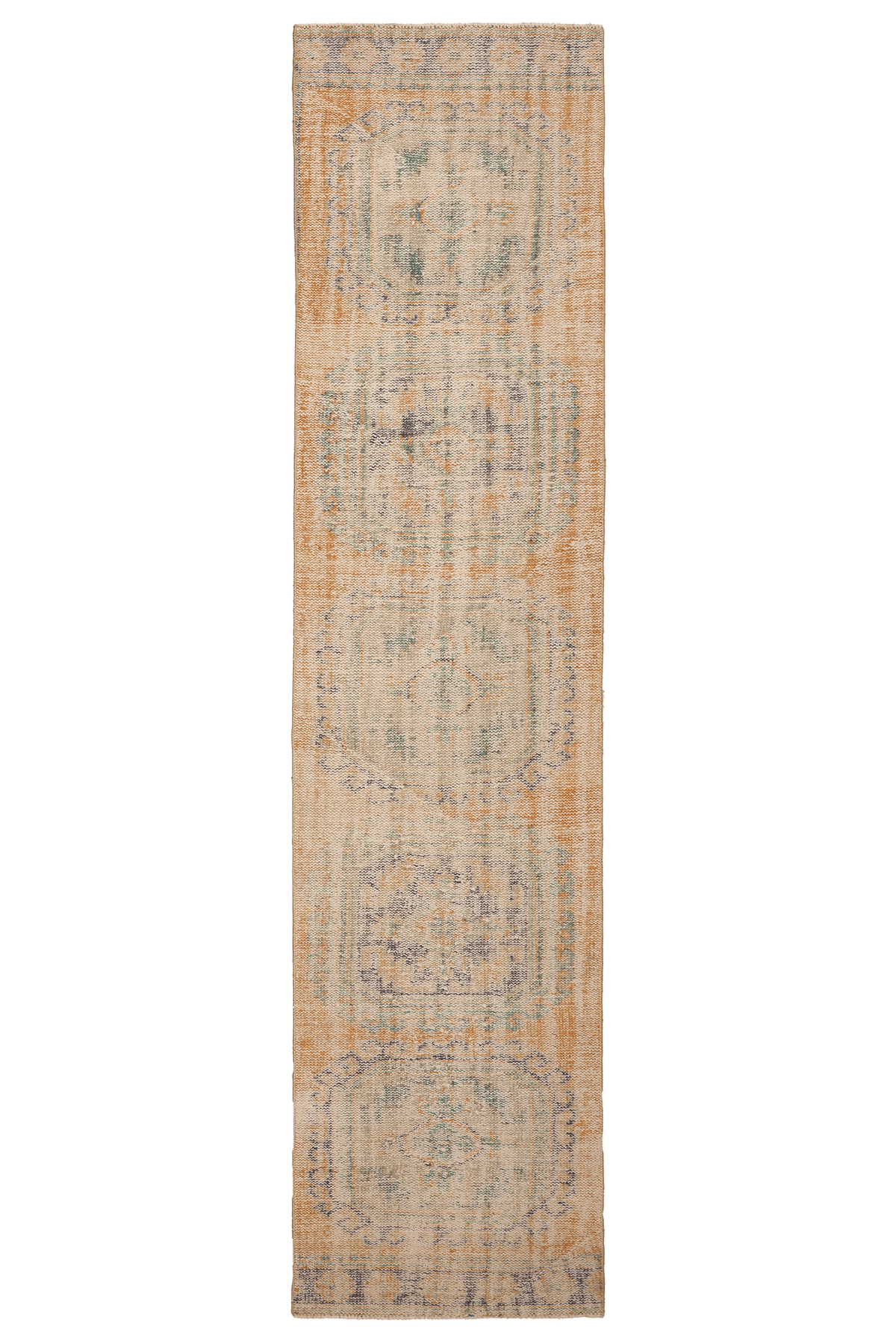Vintage Manisa Turkish Runner Rug 2x11 ft — Orange & Beige Distressed