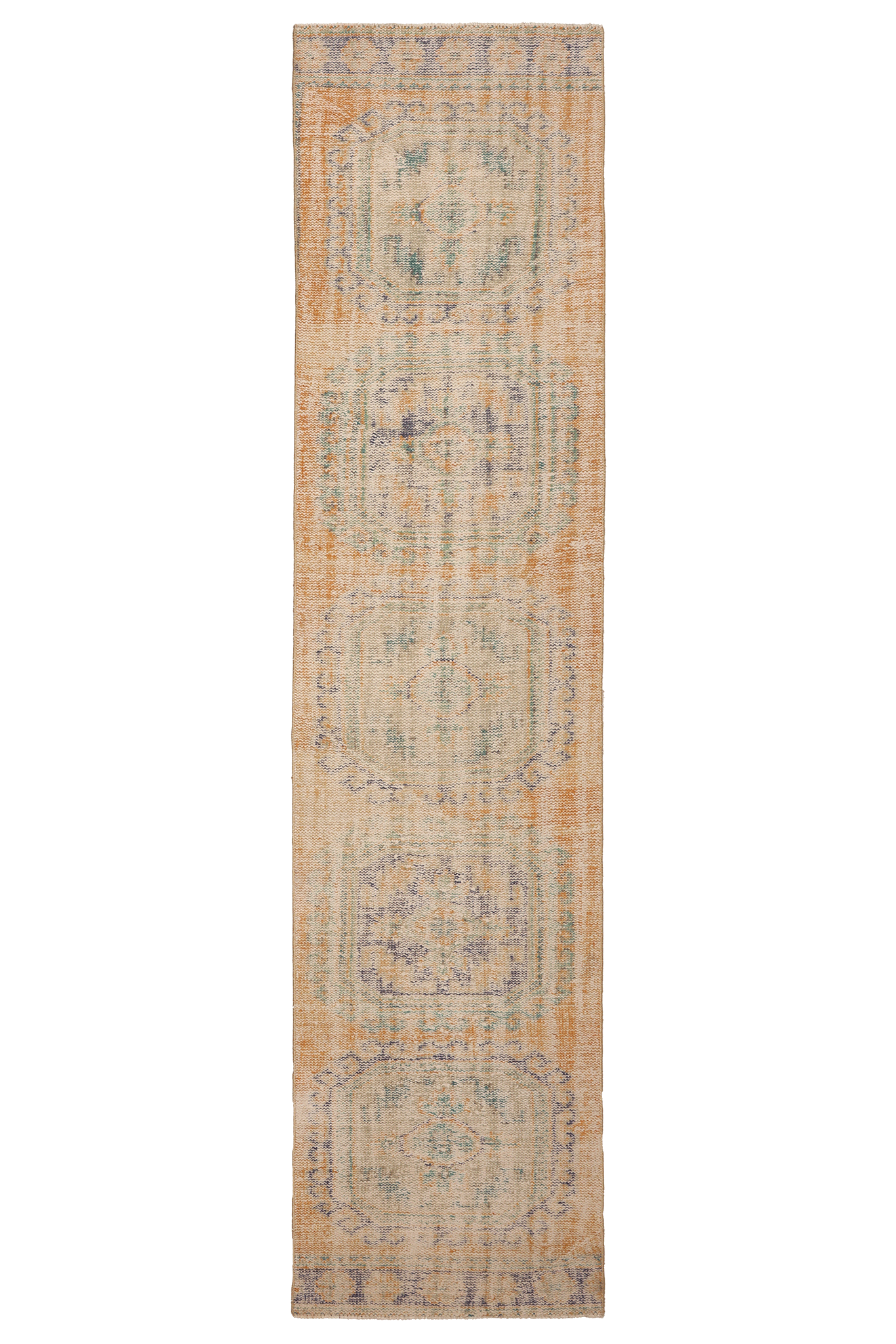 Vintage Manisa Turkish Runner Rug 2x11 ft — Orange & Beige Distressed