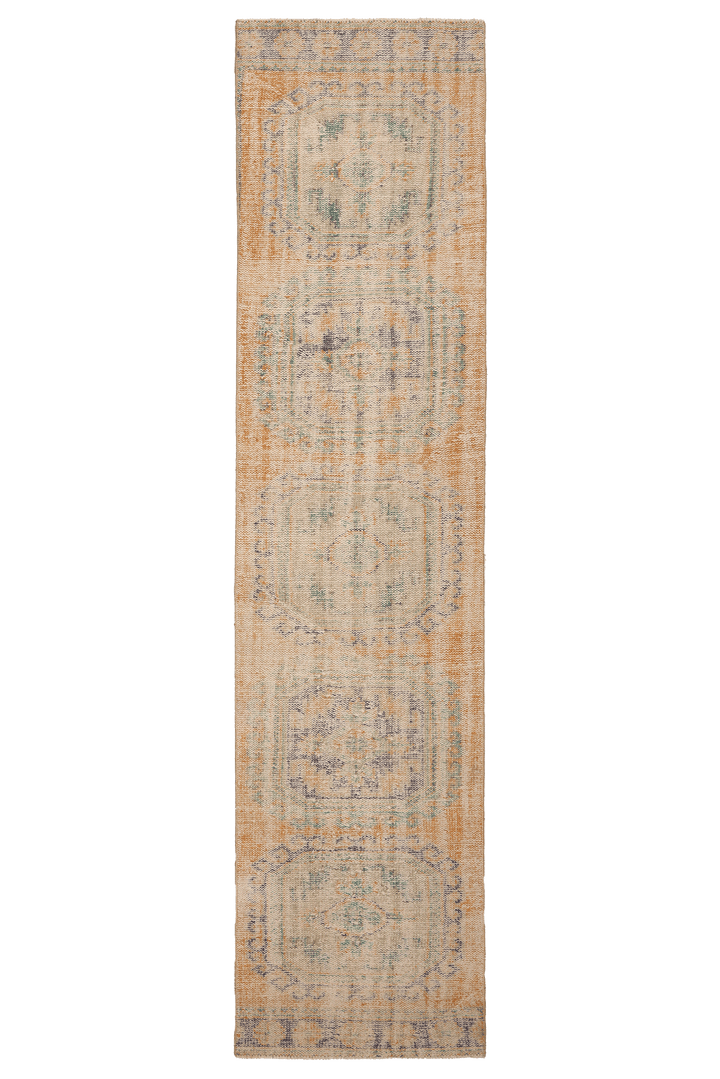 Vintage Manisa Turkish Runner Rug 2x11 ft — Orange & Beige Distressed