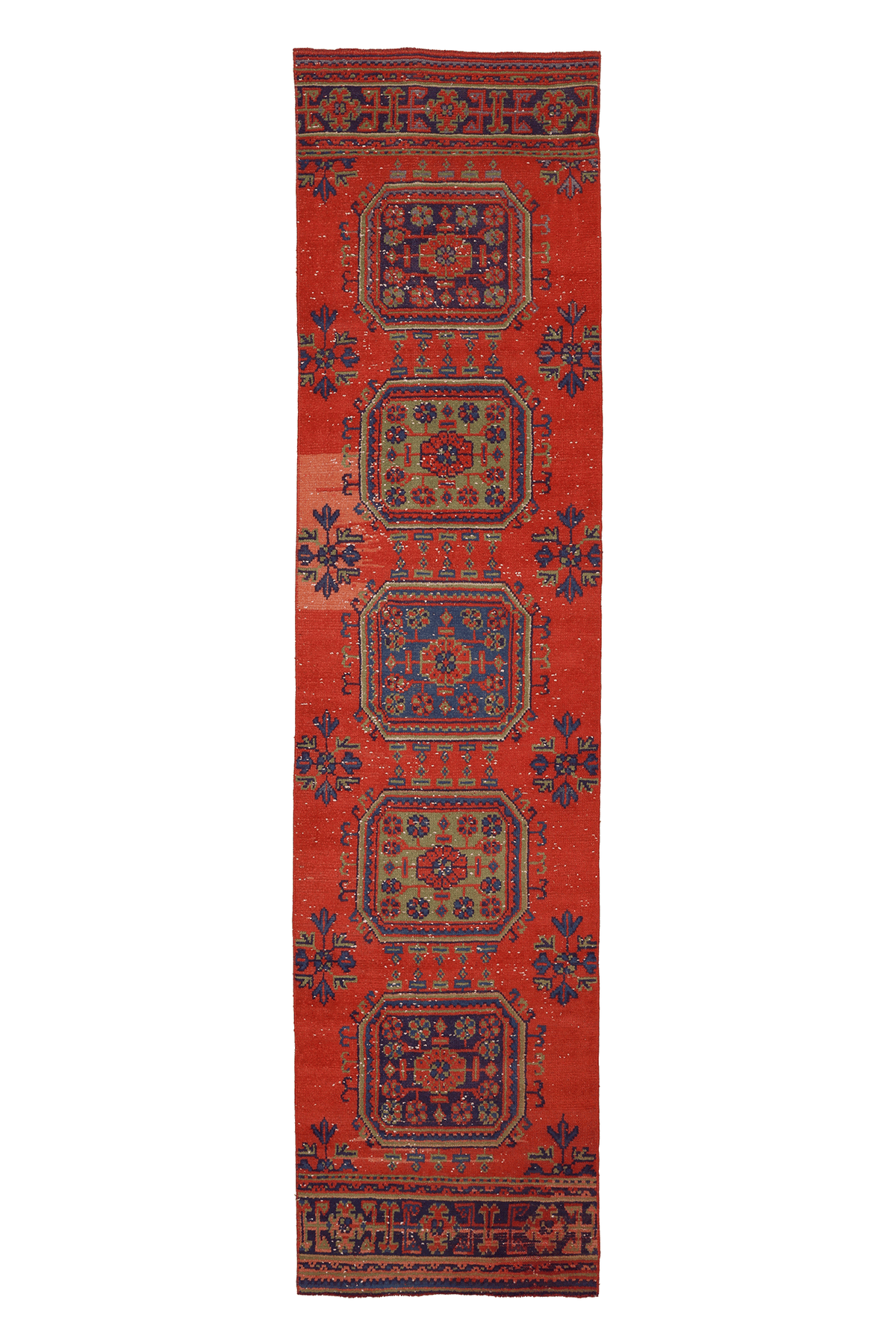 Vintage Konya Turkish Runner Rug 2x11 ft — Red & Blue Geometric