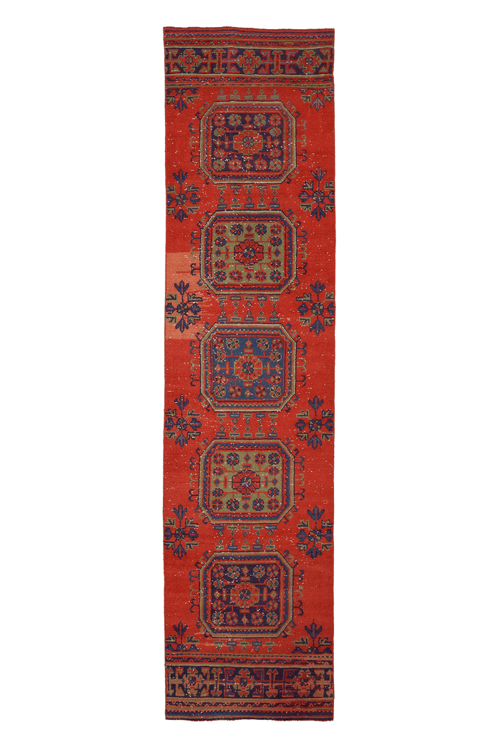 Vintage Konya Turkish Runner Rug 2x11 ft — Red & Blue Geometric