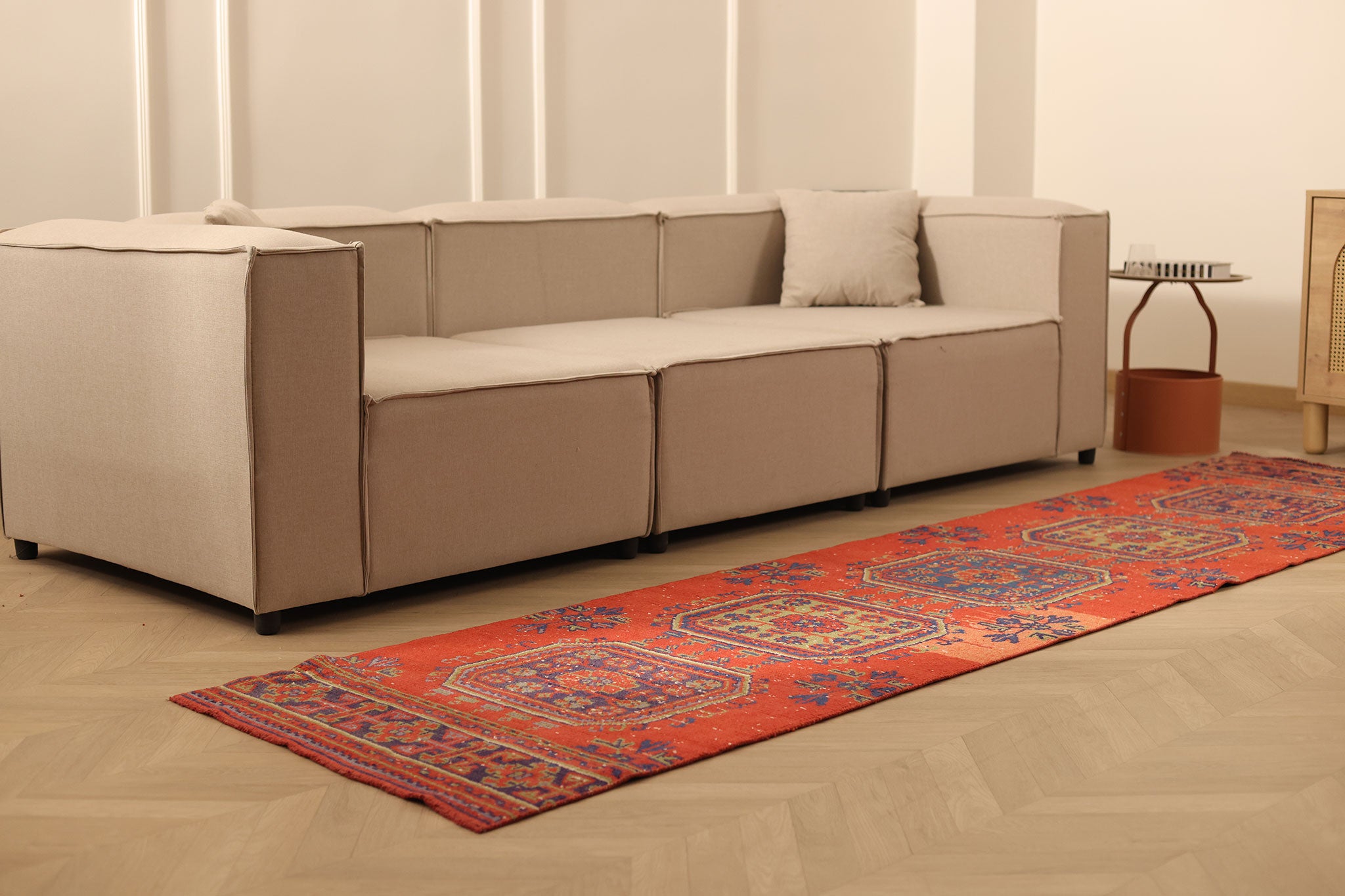 Vintage Konya Turkish Runner Rug 2x11 ft — Red & Blue Geometric
