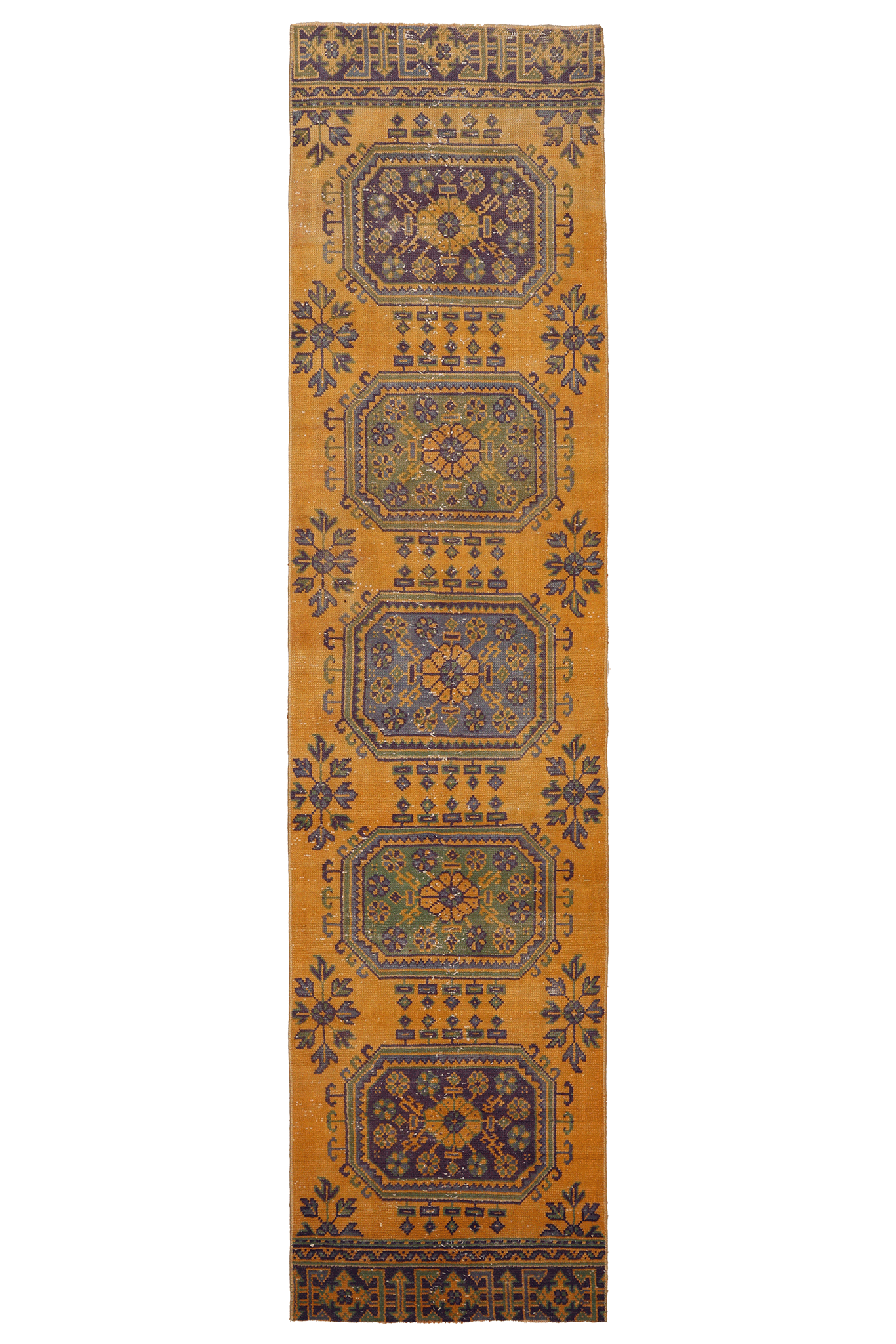 Vintage Konya Turkish Runner Rug 2x10 ft — Orange & Brown Geometric