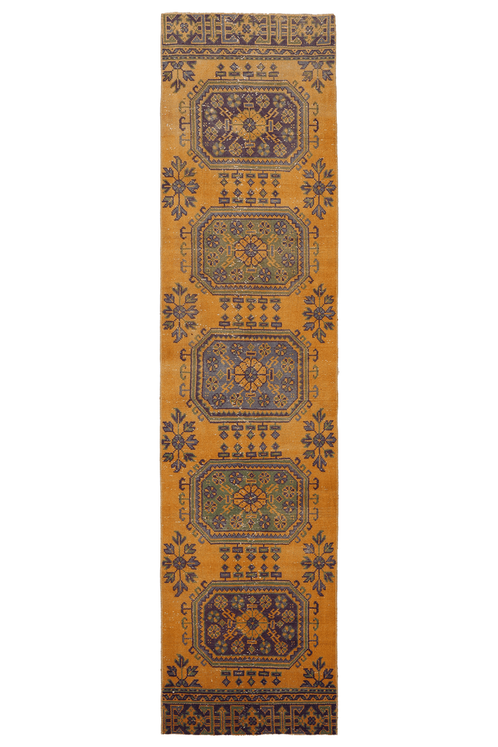 Vintage Konya Turkish Runner Rug 2x10 ft — Orange & Brown Geometric