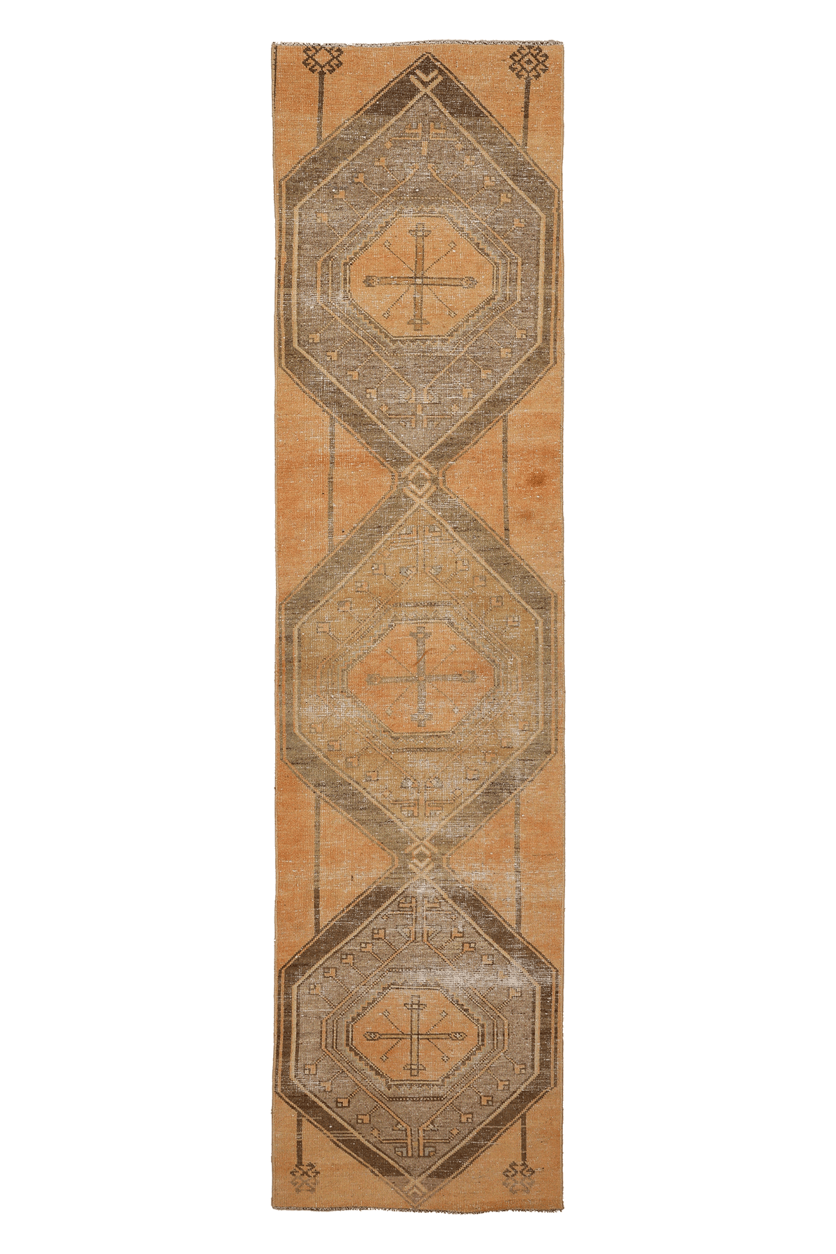 Vintage Malatya Turkish Runner Rug 2x10 ft — Orange & Brown Geometric (No. 24177)