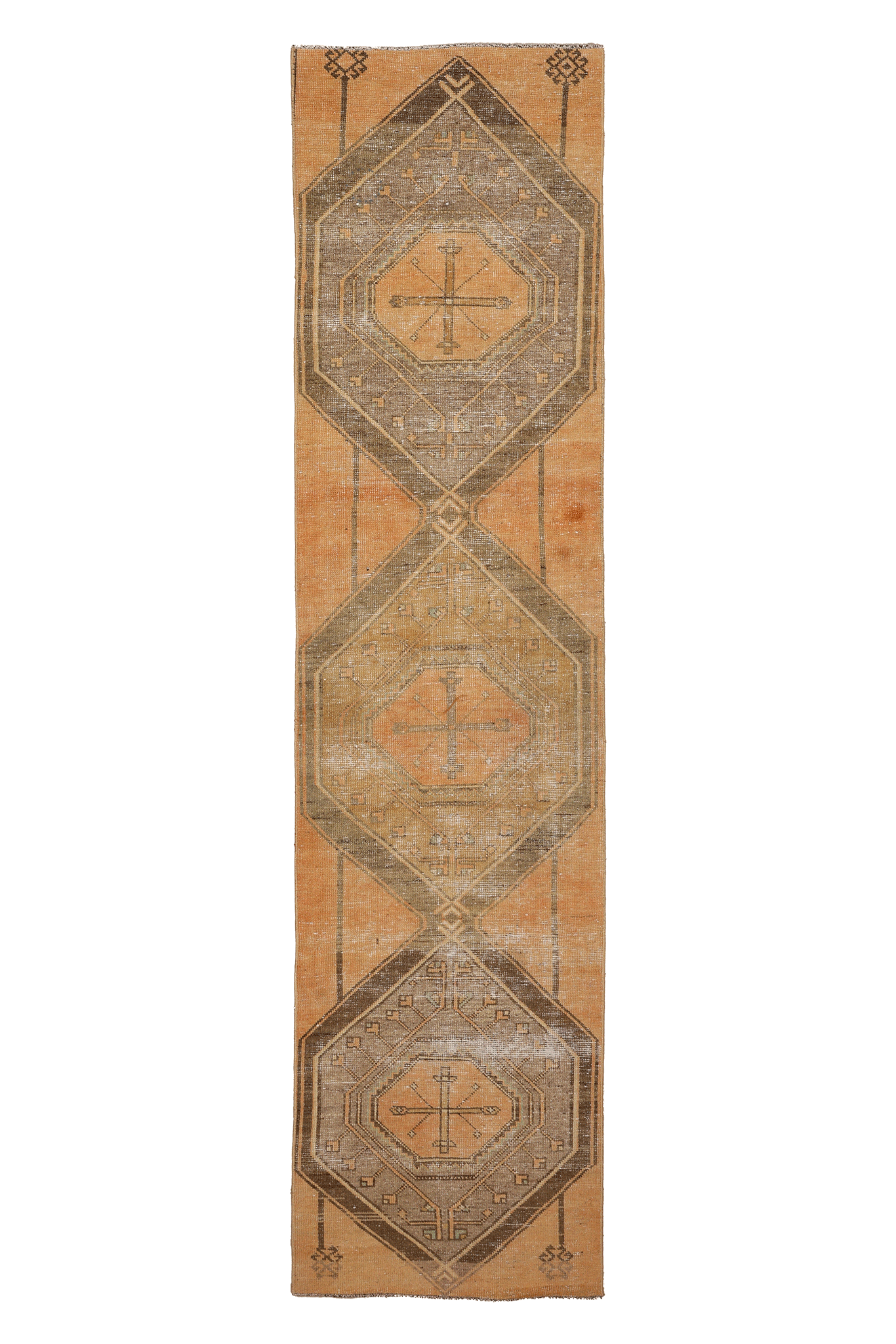 Vintage Malatya Turkish Runner Rug 2x10 ft — Orange & Brown Geometric (No. 24177)