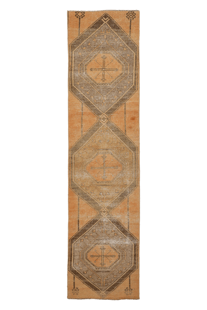 Vintage Malatya Turkish Runner Rug 2x10 ft — Orange & Brown Geometric (No. 24177)