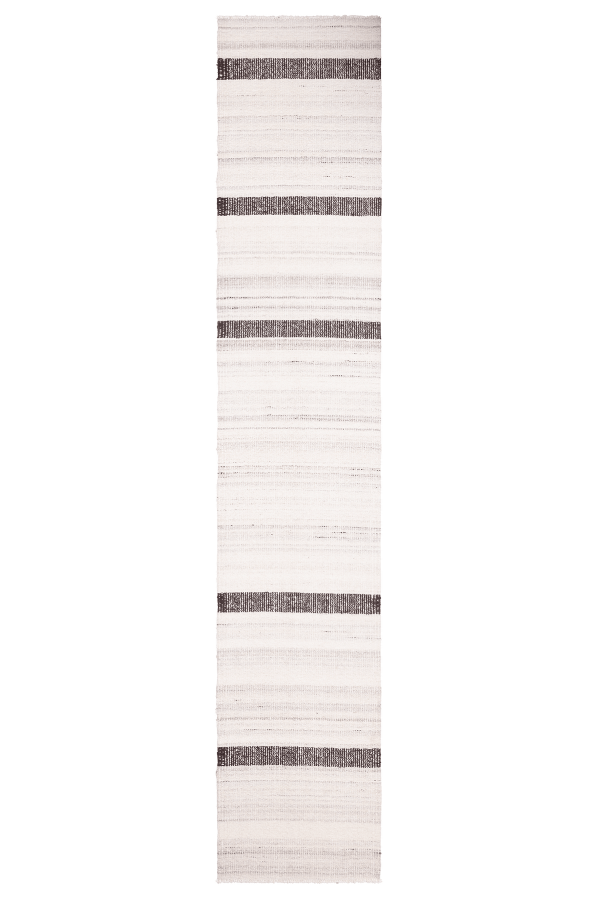 Handwoven black and white striped wool-cotton flatweave runner rug with a durable, reversible design.