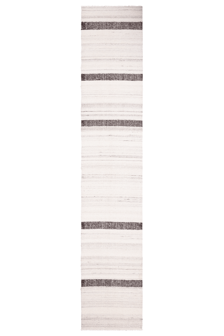 Handwoven black and white striped wool-cotton flatweave runner rug with a durable, reversible design.